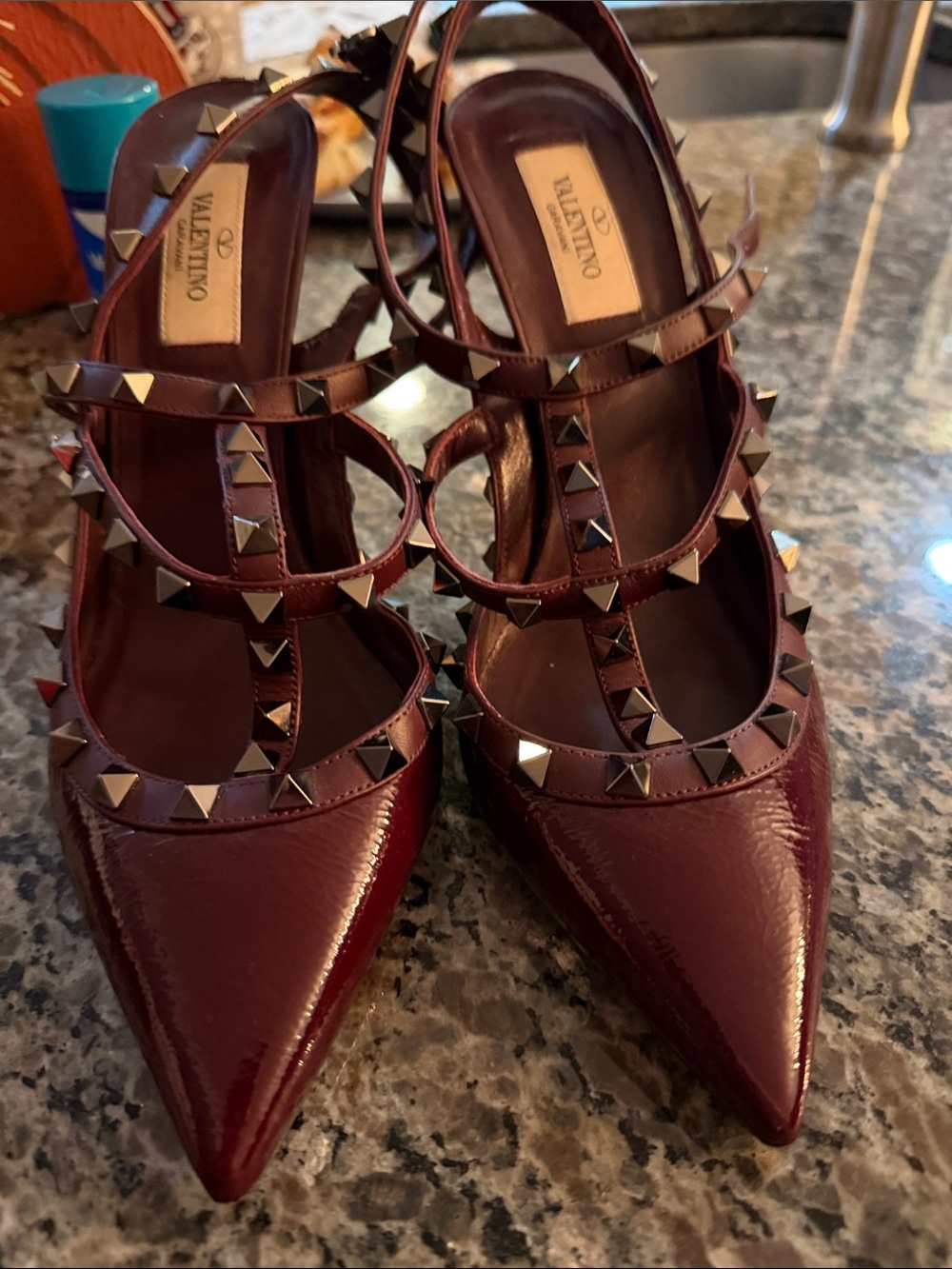 Valentino Burgundy Patent Leather Rockstud Strappy Pointed Pumps